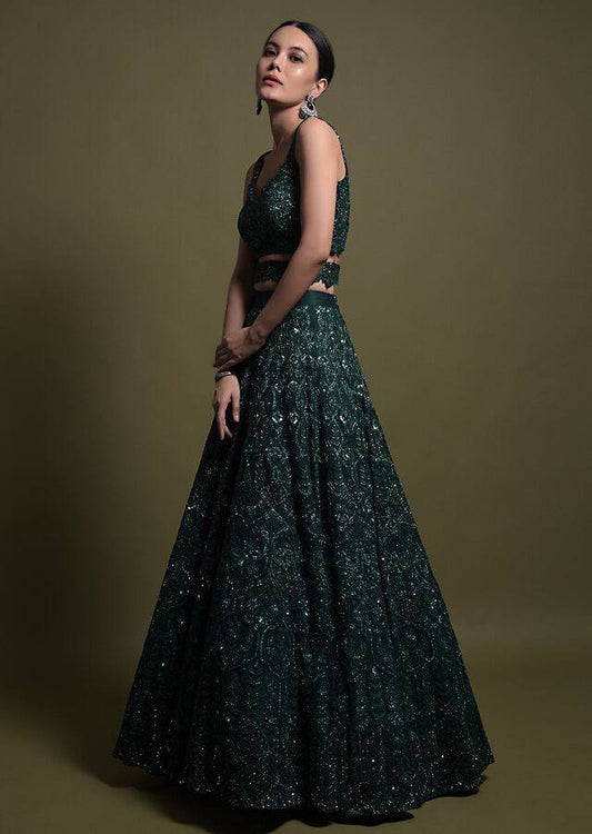 Luxurious Green Embroidered Lehenga Choli Set