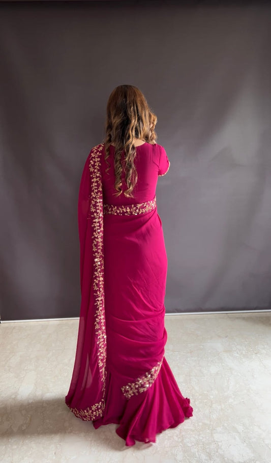 Charming Magenta Embroidered Saree with Floral Border