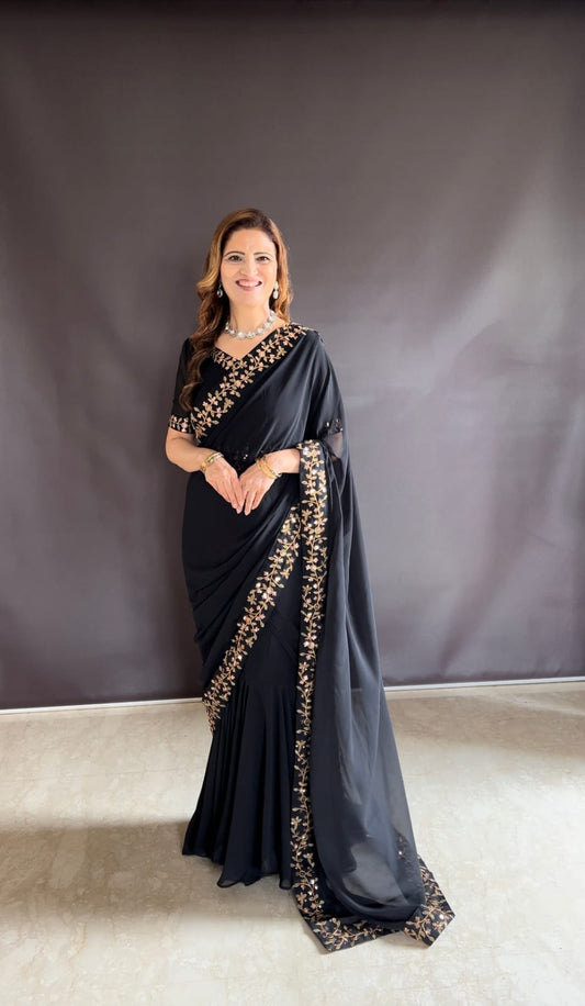 Elegant Black Embroidered Saree with Floral Detailing