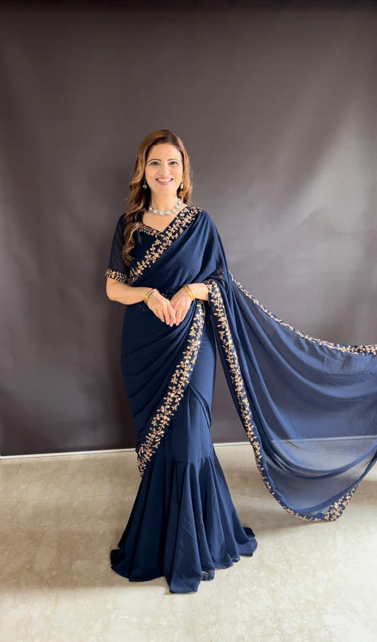 Graceful Navy Blue Embroidered Saree with Floral Detailing