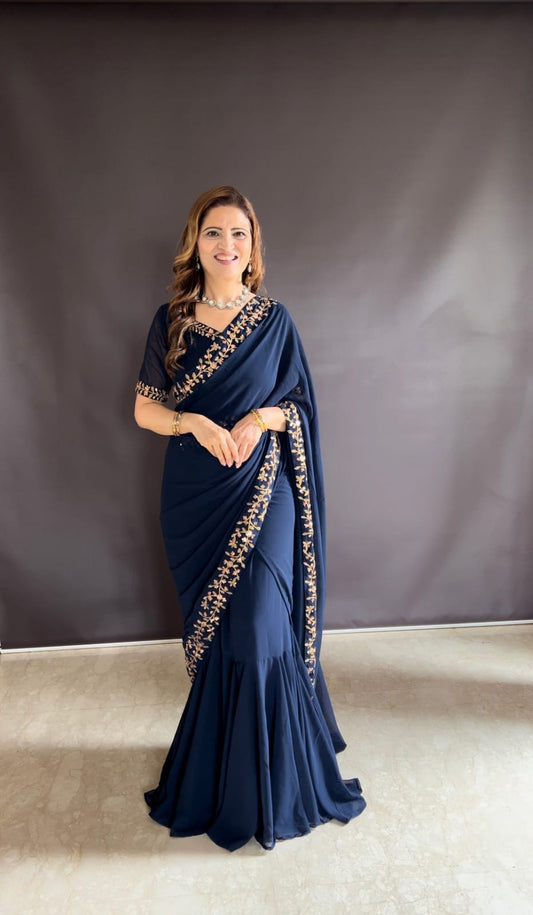 Graceful Navy Blue Embroidered Saree with Floral Detailing