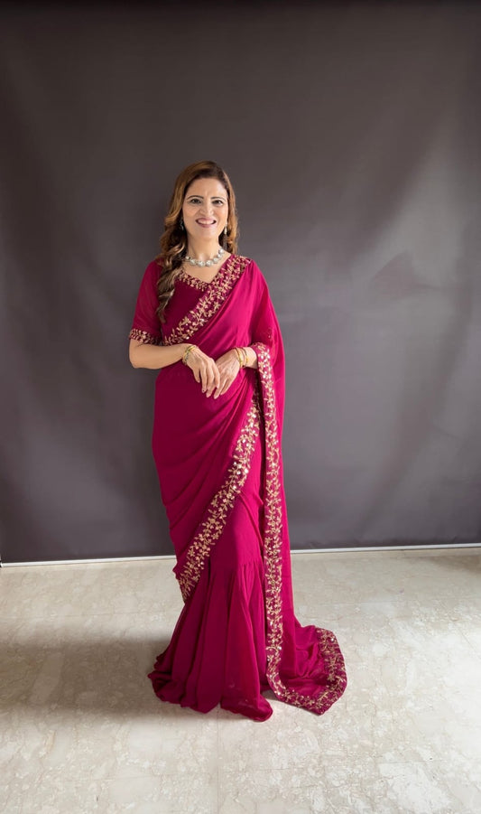 Charming Magenta Embroidered Saree with Floral Border