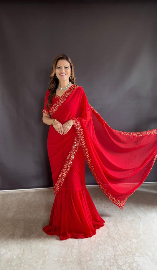 Elegant Red Embroidered Saree with Floral Border