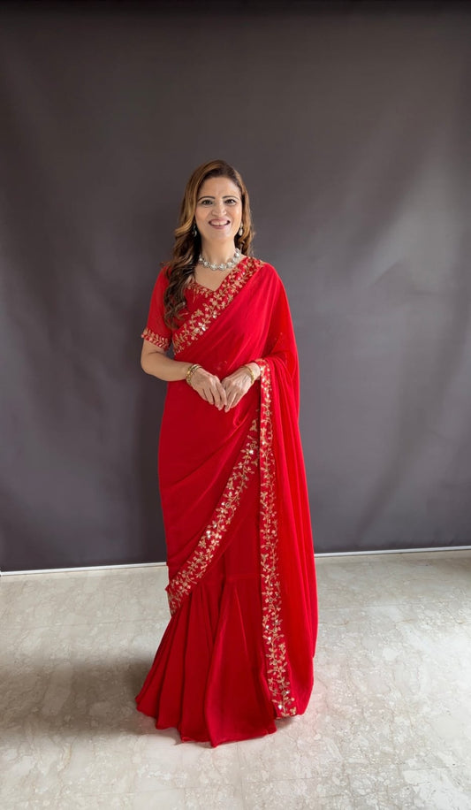 Elegant Red Embroidered Saree with Floral Border
